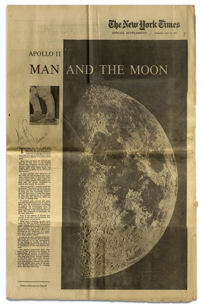 Neil Armstrong Signed ''New York Times'' Supplement From 17 July 1969 Entitled ''Man and the Moon'' -- Armstrong Signed His Name and Mission Apollo 11